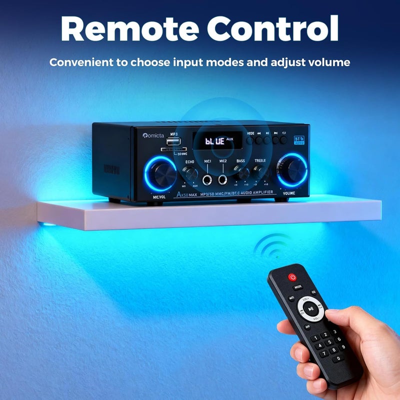 Romicta AK50MAX Stereo Audio Amplifier, 400W Home 2 Channel Bluetooth 5.0 Power Amplifier System, Home Amplifiers FM Radio, Echo, USB, SD Card,AUX with Remote Control Home Theater Audio Stereo System - Image 5